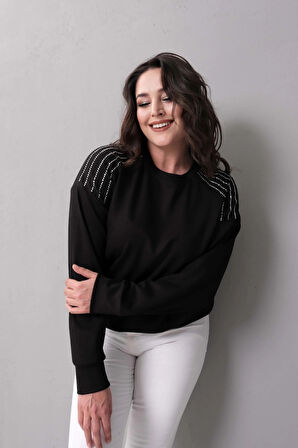 Omuzlar Taş Baskılı Sweatshirt