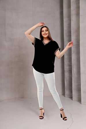 Yakası Kolları Örme Şerit Bluz