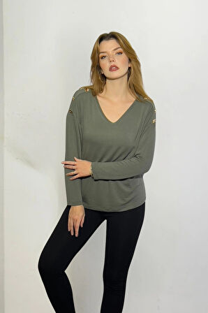 Omuz Düğme Detaylı Bluz