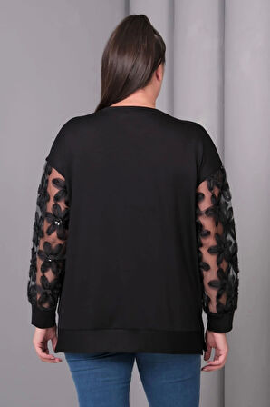 Kolları Tül Çiçek Aplikeli Bluz