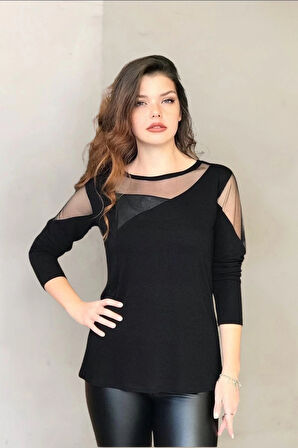 Önü ve Omuzları Tül Parçalı Bluz