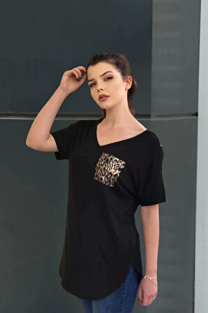 Sırtı Leopar Garnili Cepli Bluz