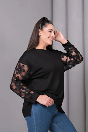 Kolları Tül Çiçek Aplikeli Bluz