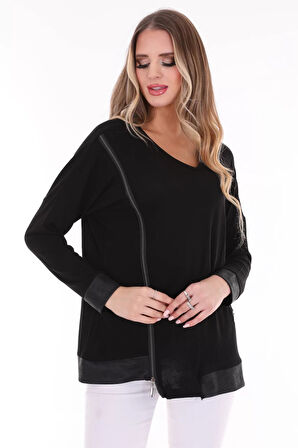 Yandan Fermuarlı Suni Deri Detaylı Bluz