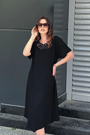 Ön Arka V Güpür Yakalı Elbise