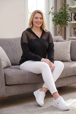 Yakası Taşlı File Detaylı Sweatshirt