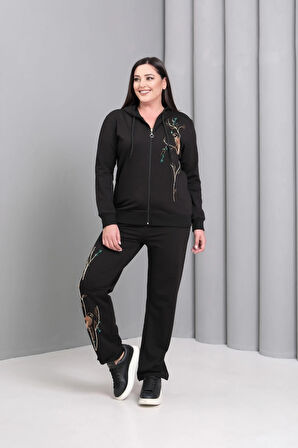 Kapüşonlu Fermuarlı Boncuk Nakışlı Takım