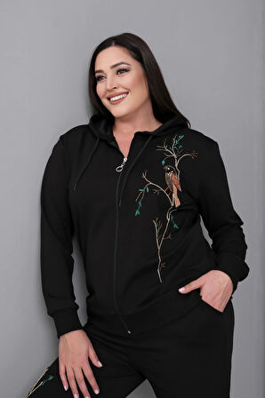 Kapüşonlu Fermuarlı Boncuk Nakışlı Takım