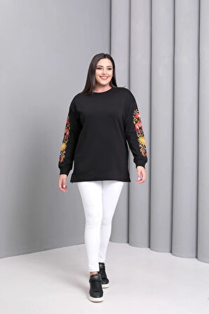 Kolları Nakışlı Yırtmaçlı Sweatshirt