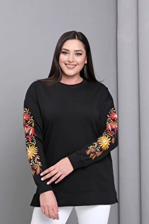 Kolları Nakışlı Yırtmaçlı Sweatshirt