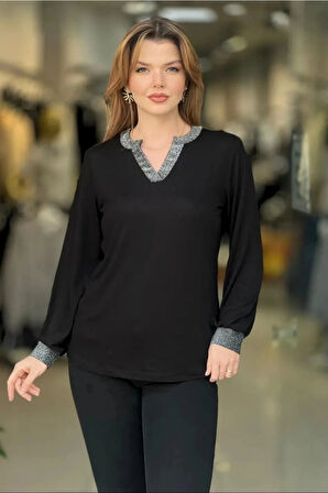 Yakası Ve Kol Uçları Simli Bluz