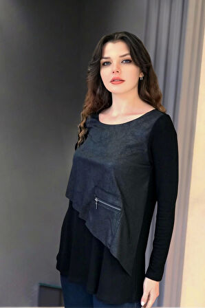 Fermuar Detaylı Asimetrik Bluz