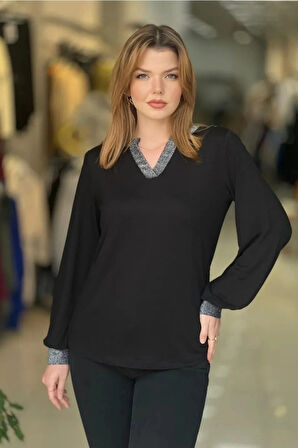 Yakası Ve Kol Uçları Simli Bluz