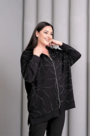 Kapüşonlu Fermuarlı Taş Baskılı Ceket