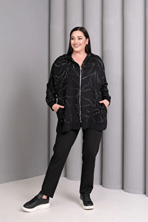 Kapüşonlu Fermuarlı Taş Baskılı Ceket