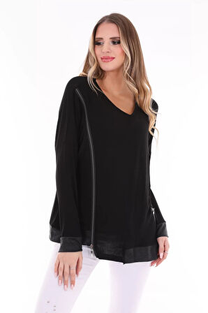 Yandan Fermuarlı Suni Deri Detaylı Bluz