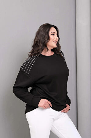 Omuzlar Taş Baskılı Sweatshirt
