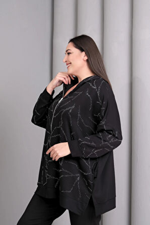 Kapüşonlu Fermuarlı Taş Baskılı Ceket