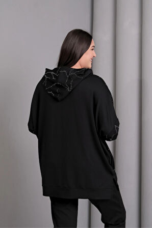 Kapüşonlu Fermuarlı Taş Baskılı Ceket