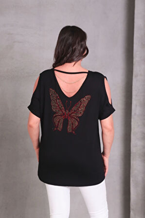 Sırtı Kelebek Taş Baskılı Zincir Detaylı Bluz