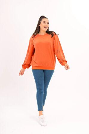 Kolları Yıldız Taş Baskılı Sweatshirt