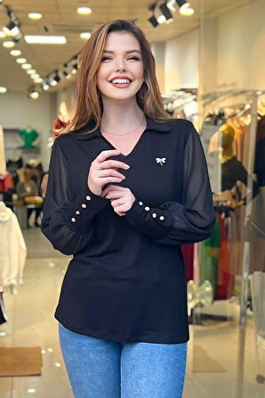 Kolları Şifon Düğme Detaylı Bluz