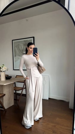 Msyo İkili Takım - Uzun Kollu Bluz ve Bol Paça Pantolon - Taş Rengi