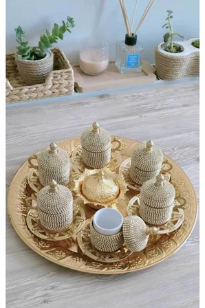 Osmanlı Motifli 6 Kişilik Türk Kahve Seti - Sarı Beyaz Taşlı