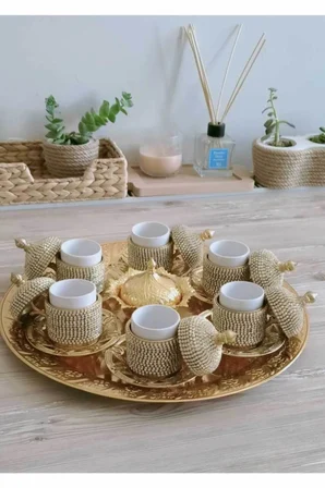 Osmanlı Motifli 6 Kişilik Türk Kahve Seti - Sarı Beyaz Taşlı