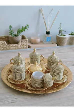 Osmanlı Motifli 6 Kişilik Türk Kahve Seti - Sarı Beyaz Taşlı