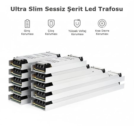 12V Ultra Slim Sessiz Şerit LED Trafosu - Cata Metal Kasa İnce Tasarım Klemensli Adaptör (5A / 12.5A / 17A / 21A / 30A Seçenekleri), IP20 İç Mekan (21 Amper)