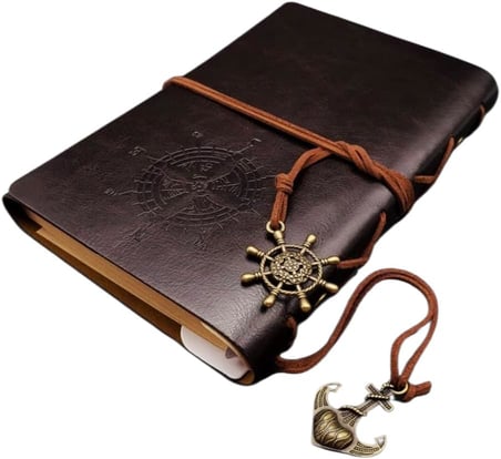 Retro Vintage Pusula Baskılı Çapa Ve Dümen Kolye Uçlu Deri Kapaklı Günlük Not Defteri Denizci Defter Özel Tasarım Hediyelik Siyah