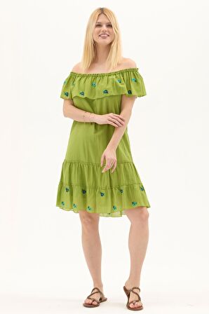 Fıstık Yeşili Kısa Kol Vual Nakışlı Kısa Yazlık Elbise