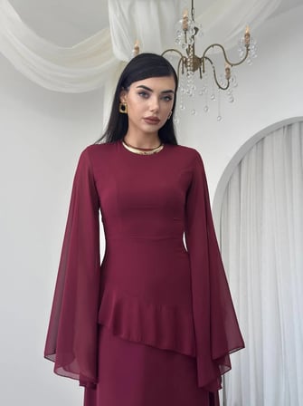 Volan Detaylı Şifon Elbise - Geniş Kollu Uzun Kadın Elbise