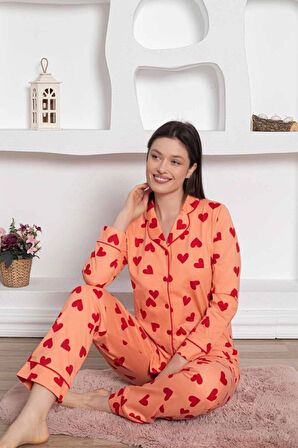 Kadın Kalp Desen Gömlek Yaka %100 Pamuk Mevsimlik Uzun Kol Cepli Pijama Takımı
