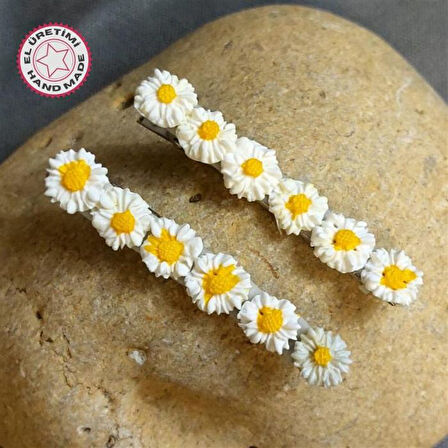 Uretti - Hülya 6683 6571 El Yapımı Polimer Kil Beyaz Papatya Çiçeği Tasarımlı 2'li Yan Saç Tokası / 7,5 cm