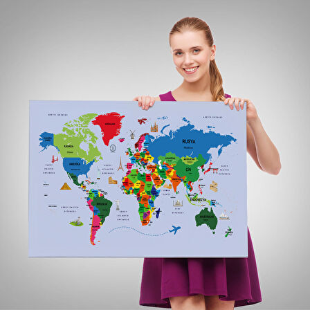 Harita Sepeti Türkçe Dünya Haritası Kanvas Tablo Ülke Başkentli ve Ünlü Yerler Sembollü 2704