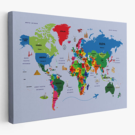 Harita Sepeti Türkçe Dünya Haritası Kanvas Tablo Ülke Başkentli ve Ünlü Yerler Sembollü 2704