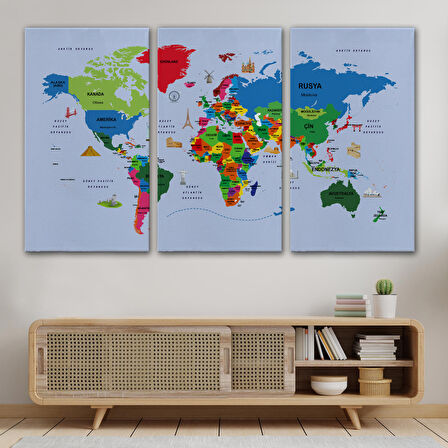 Harita Sepeti Türkçe Dünya Haritası Kanvas Tablo Ülke Başkentli ve Ünlü Yerler Sembollü 2704