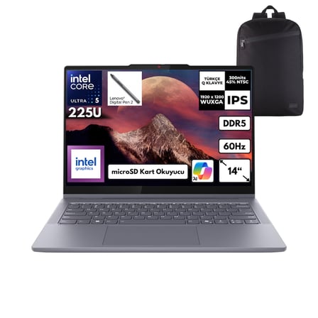 Lenovo Ideapad 5 14IAL10 Ultra 5-225U 16-GBDDR5 1 TBSSD Intel Graphics 14" WUXGA İkisi Bir Arada Freedos + HMF Sırt Çantası 83KR000FTRHMF1