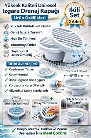 2 Li Yuvarlak Gider Süzgeci ve Koku Önleyici Kapak, Banyo, Mutfak, Duş ve Zemin Giderlerinde Kullanıma Uygun, 10 cm Çap, Dayanıklı Plastik, Saç ve Atık Tutucu Izgaralı Tasarım, Kolay Temizlik