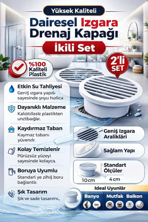 2 Li Yuvarlak Gider Süzgeci ve Koku Önleyici Kapak, Banyo, Mutfak, Duş ve Zemin Giderlerinde Kullanıma Uygun, 10 cm Çap, Dayanıklı Plastik, Saç ve Atık Tutucu Izgaralı Tasarım, Kolay Temizlik