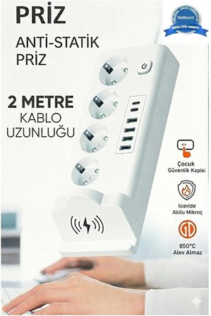 Vothoon Akım Korumalı Priz ve Masaüstü Şarj İstasyonu Kablosuz 4 Priz,4 USB, 2 Type-C Girişli 2 Metre