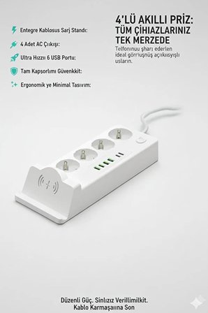 Vothoon Akım Korumalı Priz ve Masaüstü Şarj İstasyonu Kablosuz 4 Priz,4 USB, 2 Type-C Girişli 2 Metre
