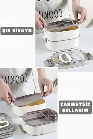 Vagonlife Bento 1450ml Lunchbox Üç Katlı 5 Bölmeli ve Mini Sosluklu Çelik Sefer Tası Yemek Kutusu (Yeşil)