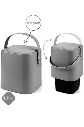 Tutma Saplı İç Kovalı Tezgah Üstü Mutfak Çöp Kovası, 4 Litre, Kilitli Kapak, Click Kapak, 20x20x22 cm (GRİ, 4 LİTRE)