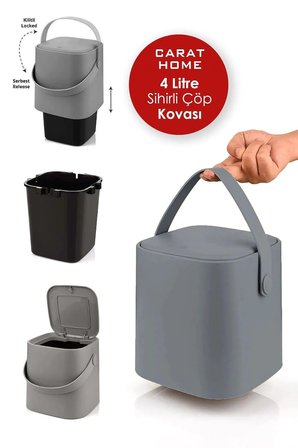 Tutma Saplı İç Kovalı Tezgah Üstü Mutfak Çöp Kovası, 4 Litre, Kilitli Kapak, Click Kapak, 20x20x22 cm (GRİ, 4 LİTRE)