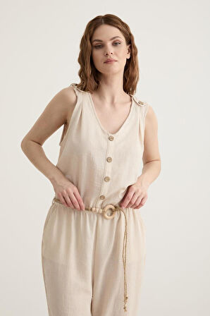 Vos Versa Kadın Kemer Detaylı Uzun Keten Taş Tulum VVK27072