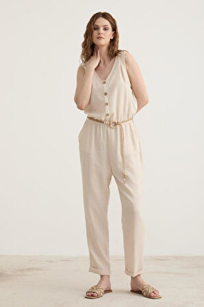 Vos Versa Kadın Kemer Detaylı Uzun Keten Taş Tulum VVK27072