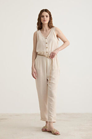 Vos Versa Kadın Kemer Detaylı Uzun Keten Taş Tulum VVK27072